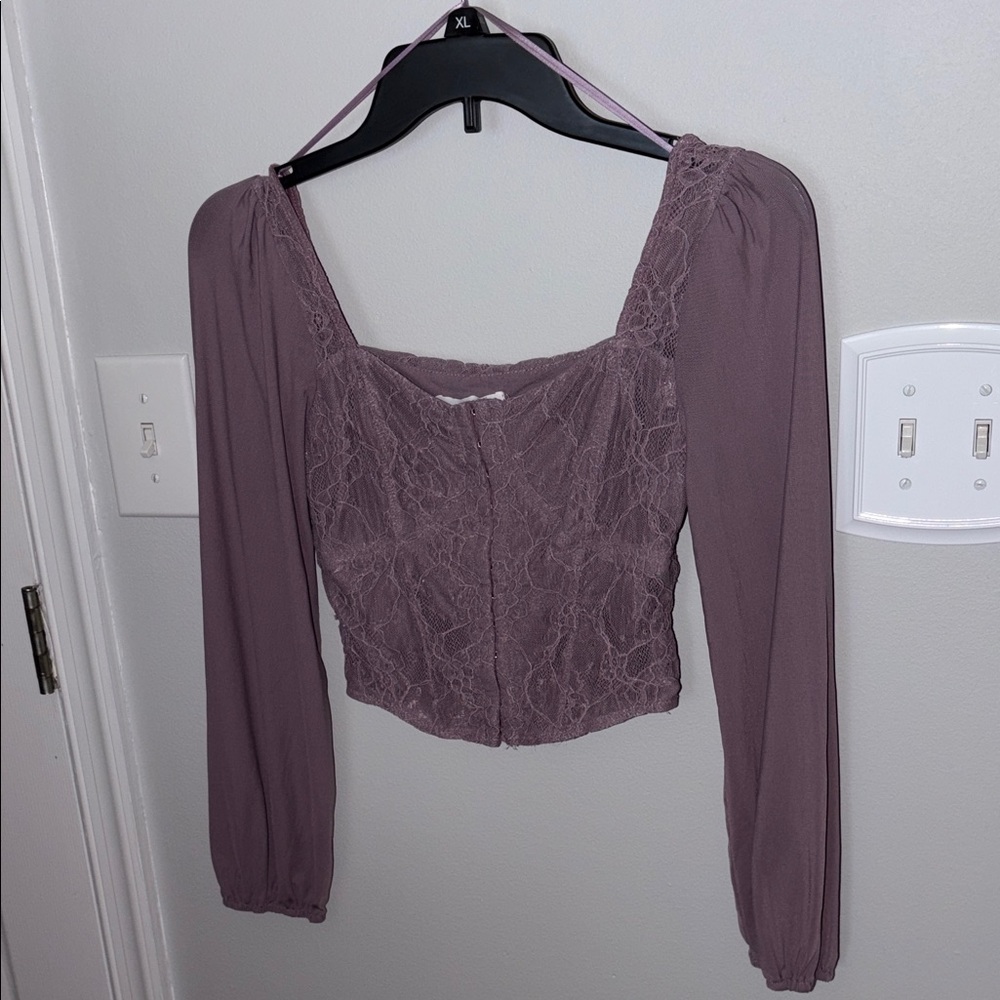 Lace-Front Long Sleeve Lilac Crop Top